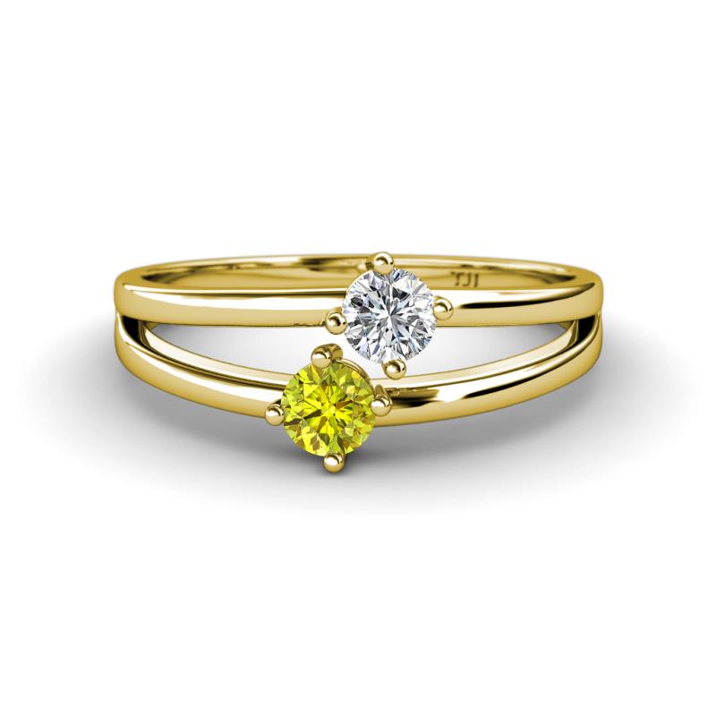 Ria 4.00 mm Round Yellow and White Diamond Split Shank 2 Stone Engagement Ring 