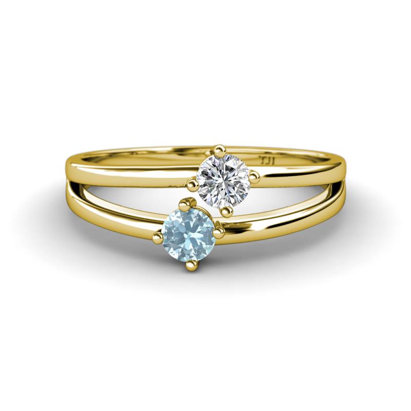 Ria 4.00 mm Round Aquamarine and Diamond Split Shank 2 Stone Engagement Ring 