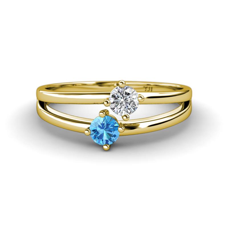 Ria 4.00 mm Round Blue Topaz and Diamond Split Shank 2 Stone Engagement Ring 