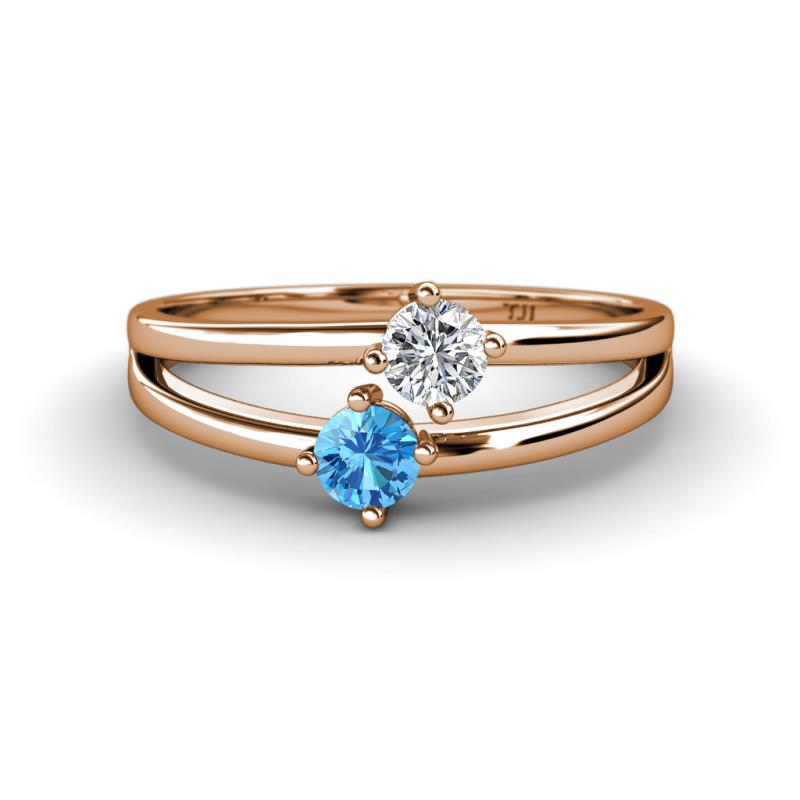 Ria 4.00 mm Round Blue Topaz and Diamond Split Shank 2 Stone Engagement Ring 
