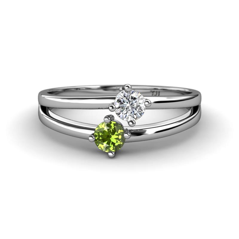 Ria 4.00 mm Round Peridot and Diamond Split Shank 2 Stone Engagement Ring 