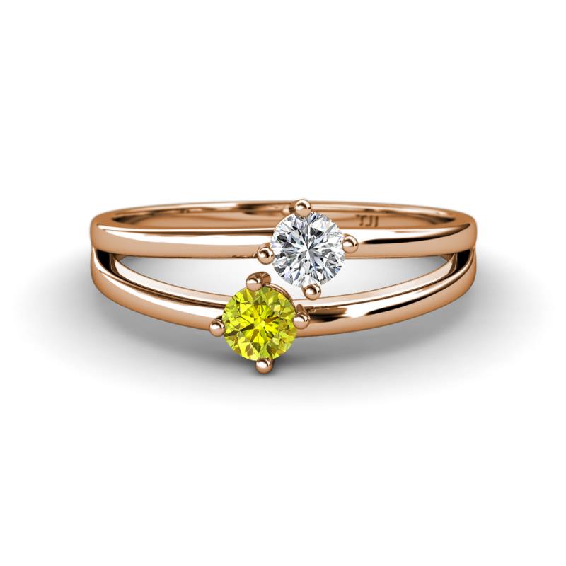 Ria 4.00 mm Round Yellow and White Diamond Split Shank 2 Stone Engagement Ring 