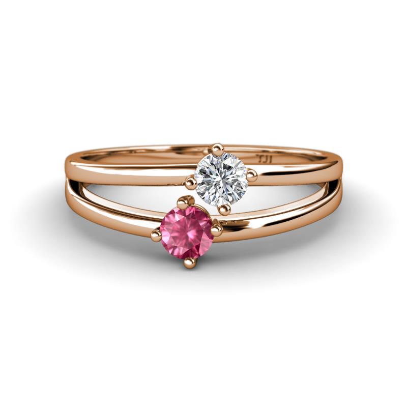 Ria 4.00 mm Round Pink Tourmaline and Lab Grown Diamond Split Shank 2 Stone Engagement Ring 