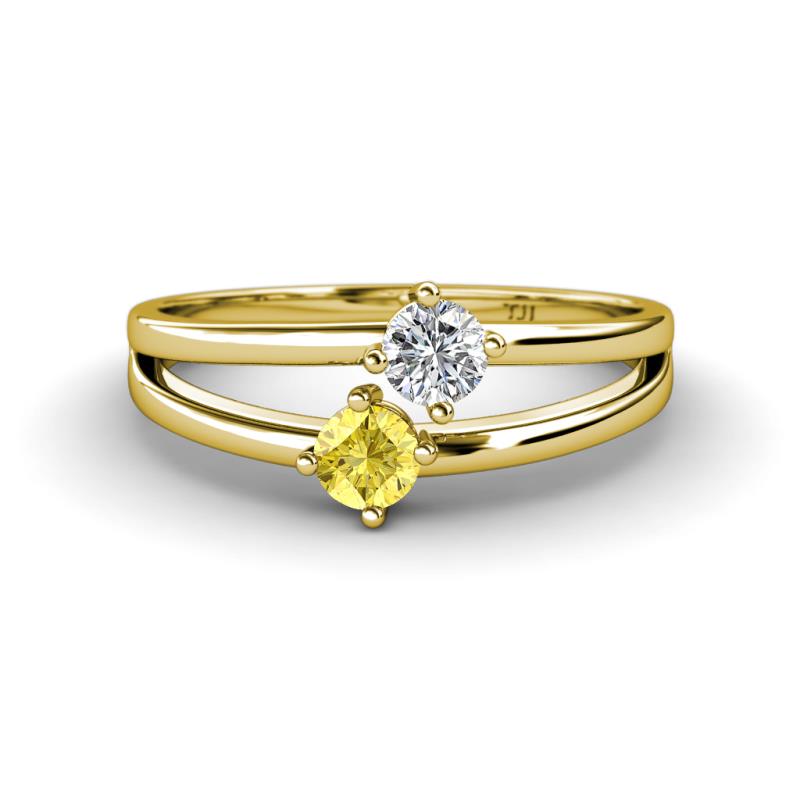 Ria 4.00 mm Round Yellow Sapphire and Lab Grown Diamond Split Shank 2 Stone Engagement Ring 
