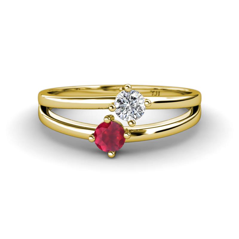 Ria 4.00 mm Round Ruby and Lab Grown Diamond Split Shank 2 Stone Engagement Ring 