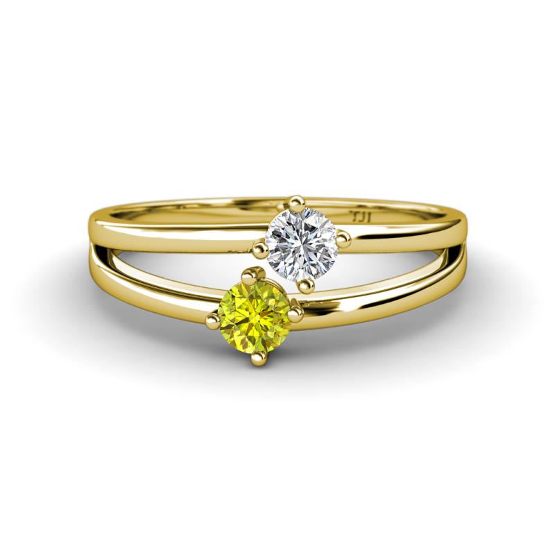 Ria 4.00 mm Round Yellow Diamond and Lab Grown Diamond Split Shank 2 Stone Engagement Ring 