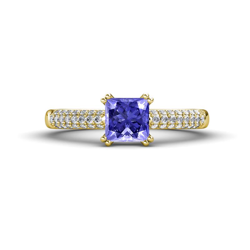 Serina Classic Princess Cut Tanzanite and Round Lab Grown Diamond 3 Row Micro Pave Shank Engagement Ring 