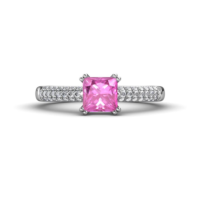 Serina Classic Princess Cut Lab Created Pink Sapphire and Round Lab Grown Diamond 3 Row Micro Pave Shank Engagement Ring 