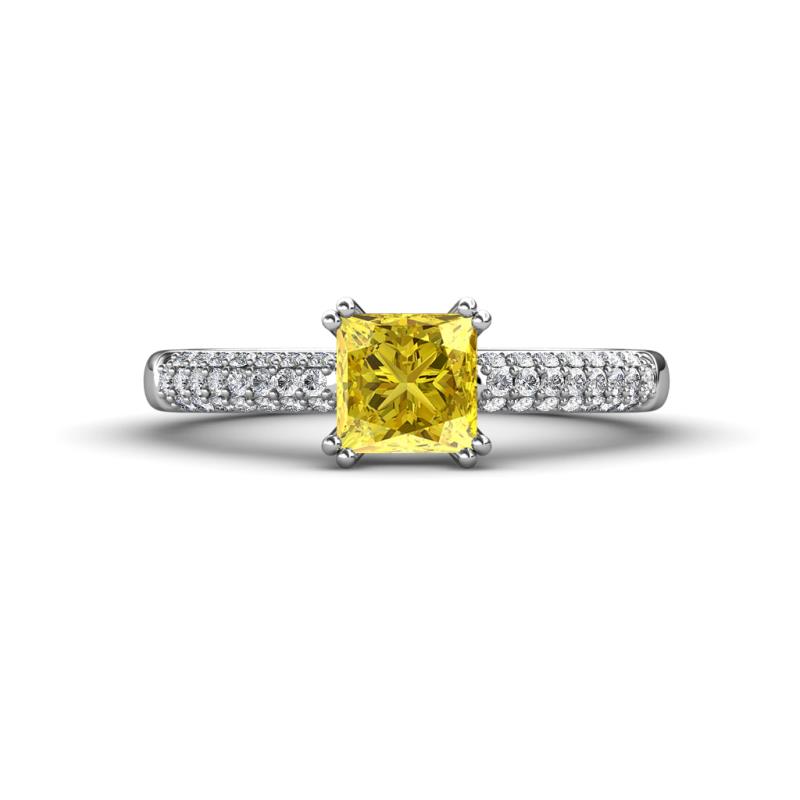 Serina Classic Princess Cut Lab Created Yellow Sapphire and Round Lab Grown Diamond 3 Row Micro Pave Shank Engagement Ring 