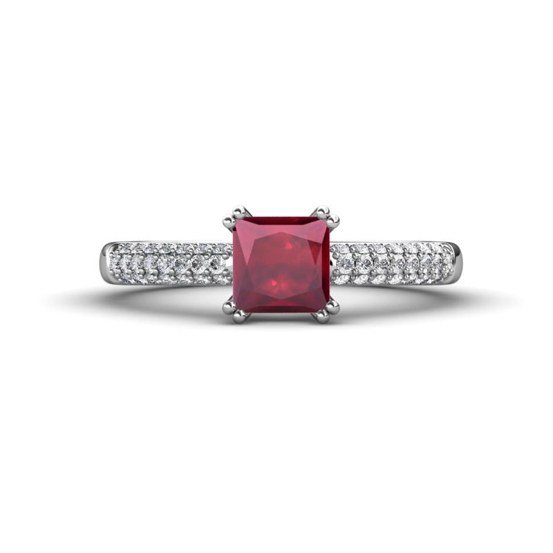Serina Classic Princess Cut Lab Created Ruby and Round Lab Grown Diamond 3 Row Micro Pave Shank Engagement Ring 