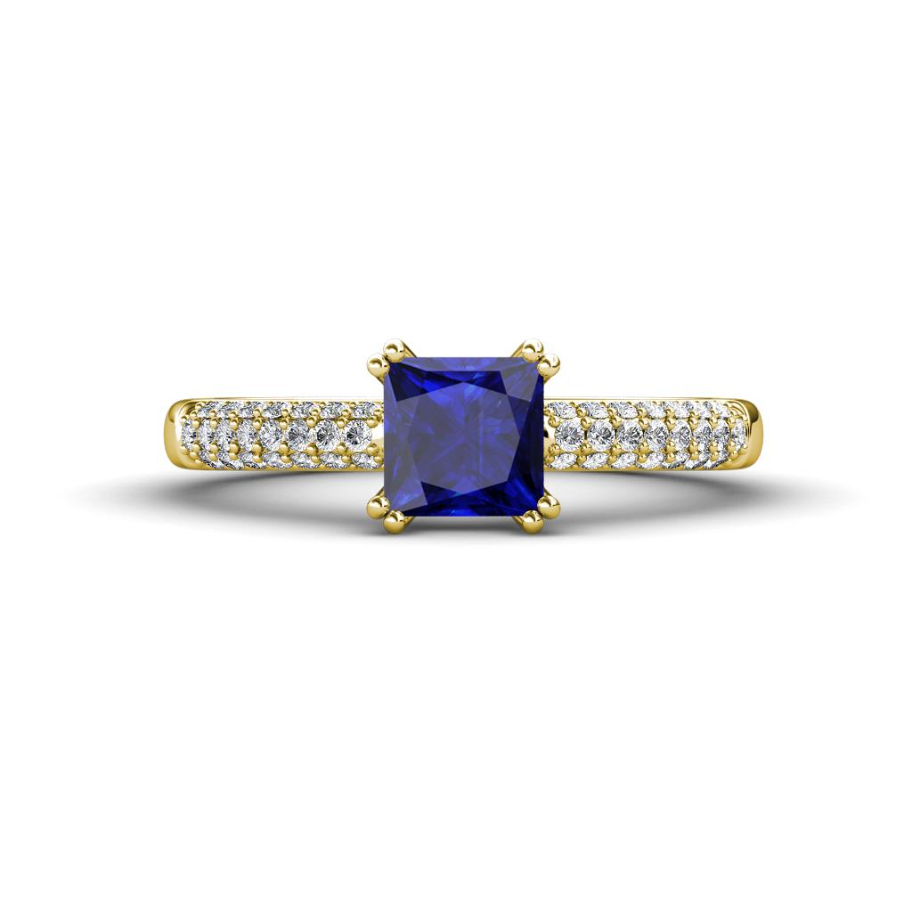 Serina Classic Princess Cut Lab Created Blue Sapphire and Round Lab Grown Diamond 3 Row Micro Pave Shank Engagement Ring 