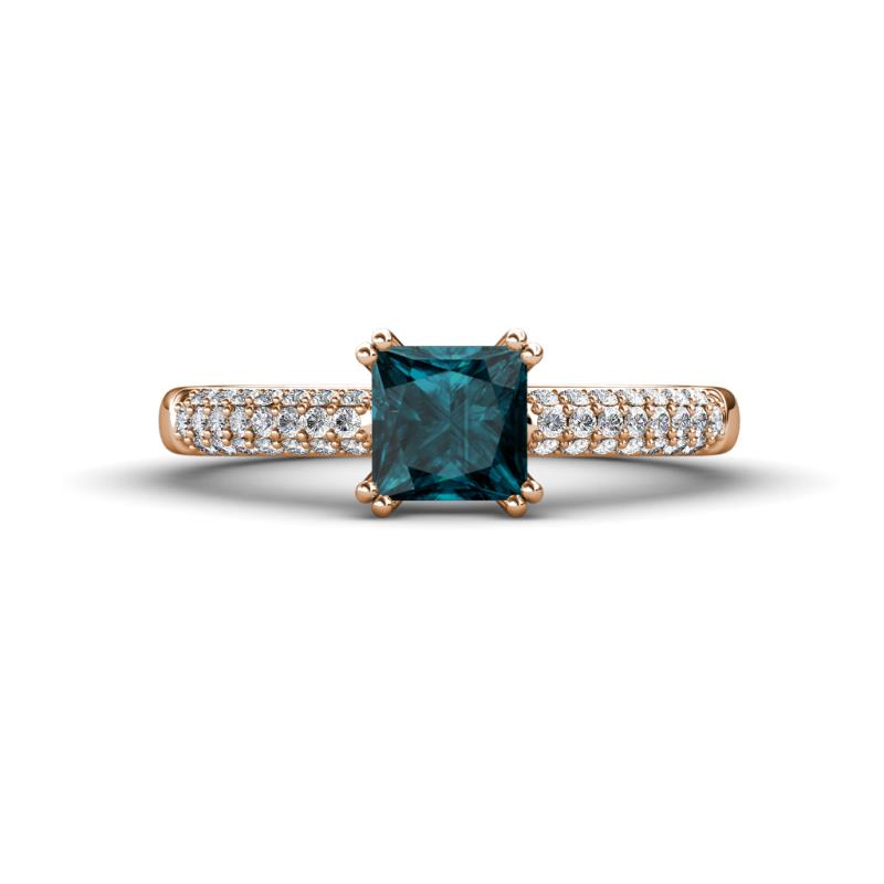 Serina Classic Princess Cut London Blue Topaz and Round Lab Grown Diamond 3 Row Micro Pave Shank Engagement Ring 
