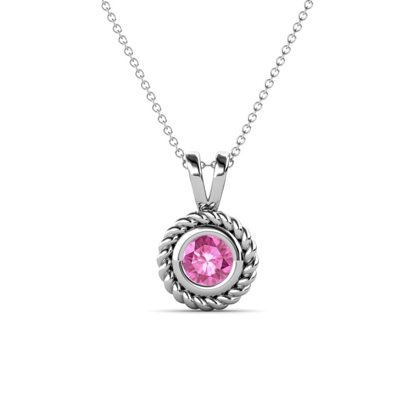 Juliya 5.00 mm Round Pink Sapphire Rope Edge Bezel Set Solitaire Pendant Necklace 