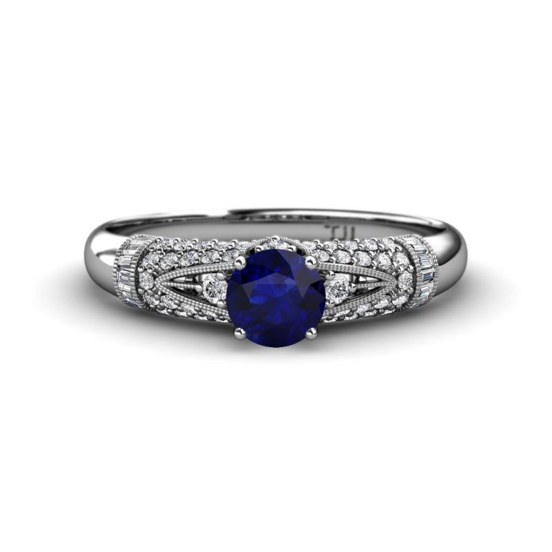 Shirlyn Classic Round Blue Sapphire with Round and Baguette Diamond Engagement Ring 