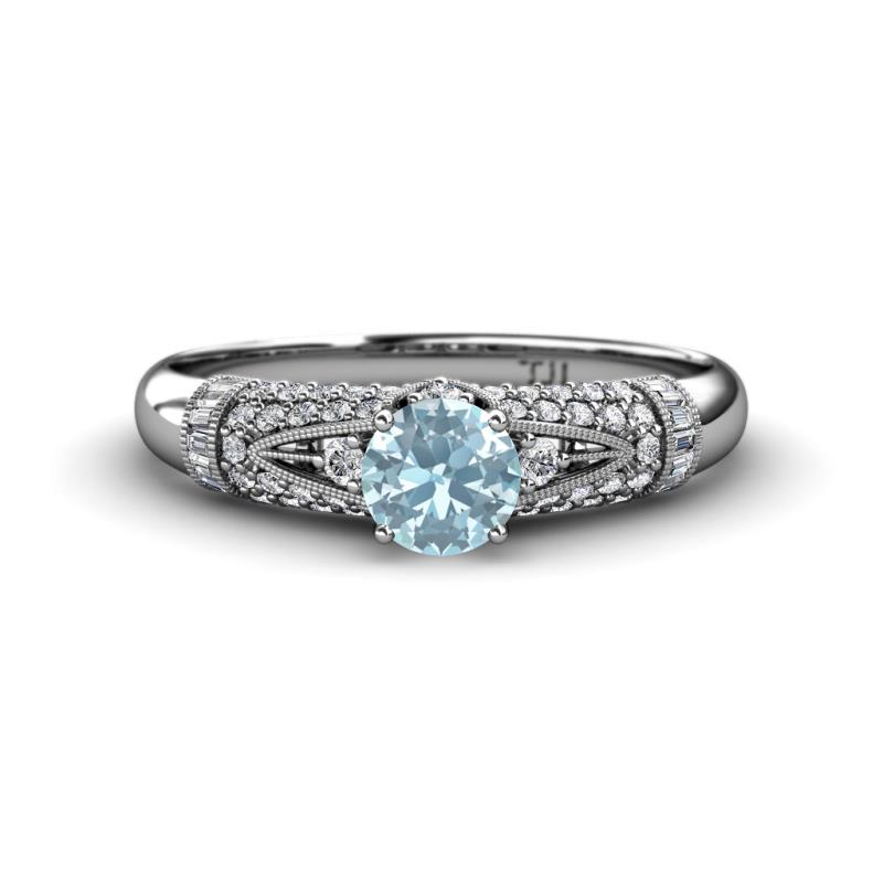Shirlyn Classic Round Aquamarine with Round and Baguette Diamond Engagement Ring 