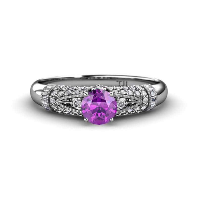 Shirlyn Classic Round Amethyst with Round and Baguette Diamond Engagement Ring 