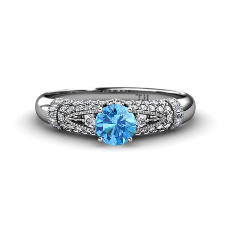 Shirlyn Classic Round Blue Topaz with Round and Baguette Diamond Engagement Ring 