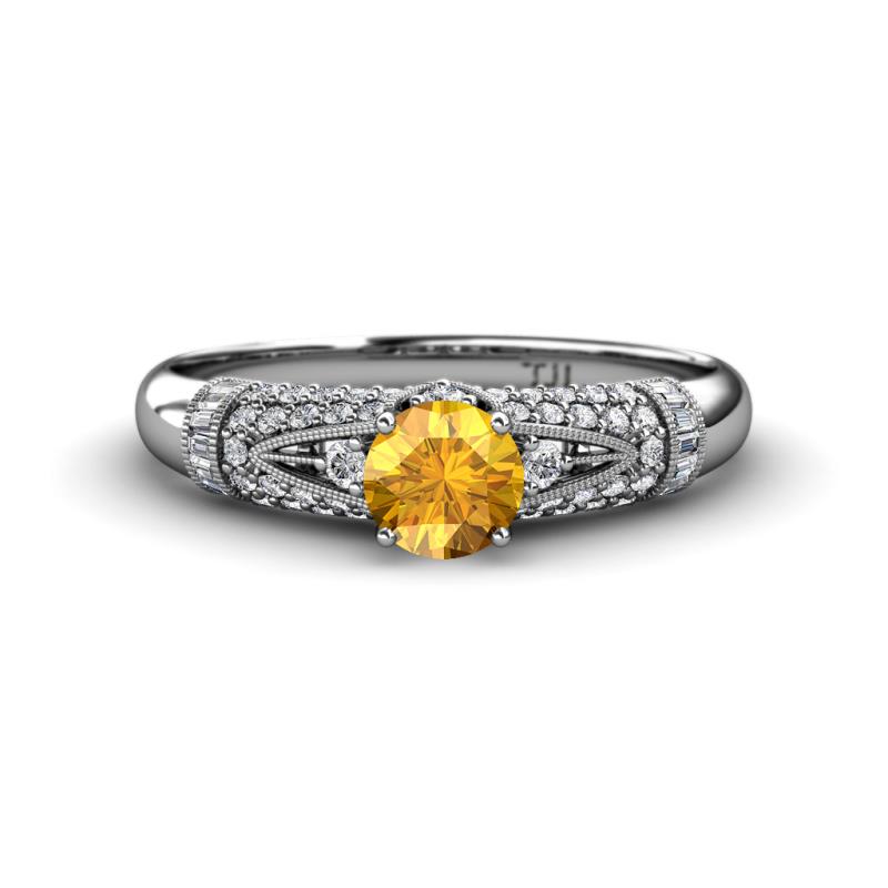 Shirlyn Classic Round Citrine with Round and Baguette Diamond Engagement Ring 