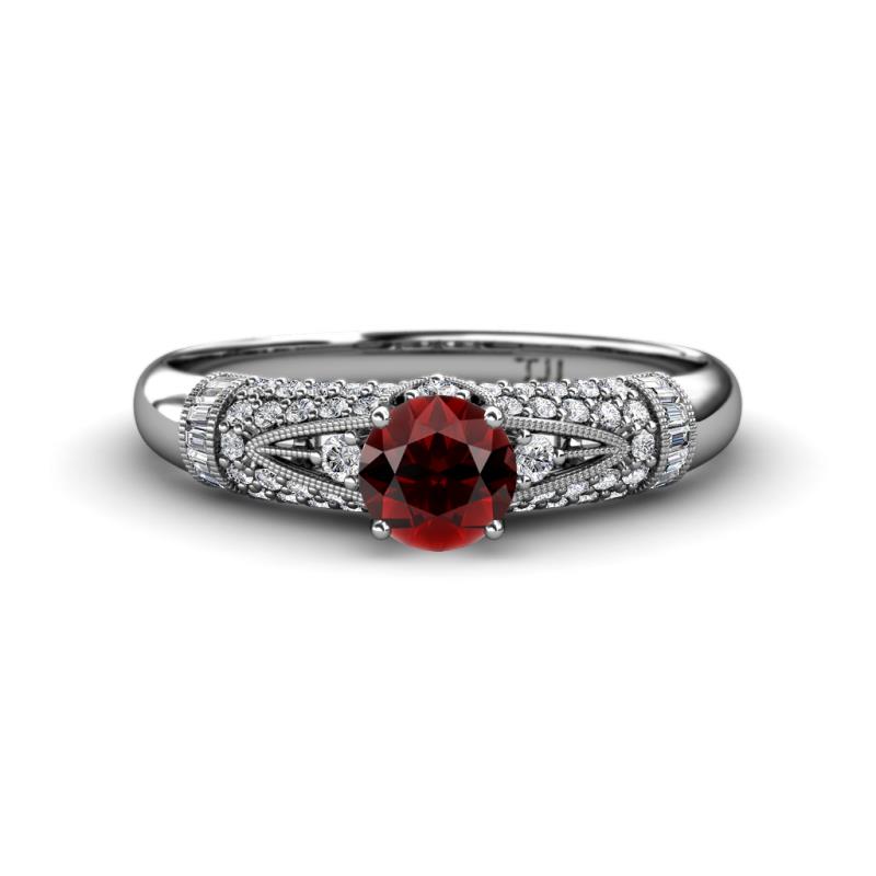 Shirlyn Classic Round Red Garnet with Round and Baguette Diamond Engagement Ring 