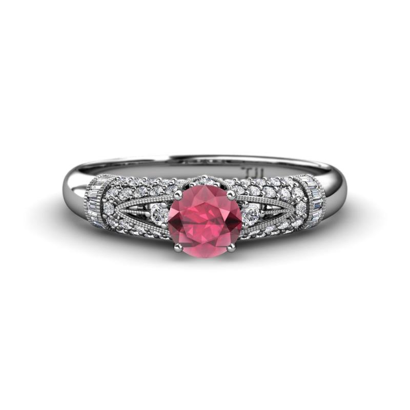 Shirlyn Classic Round Rhodolite Garnet with Round and Baguette Diamond Engagement Ring 