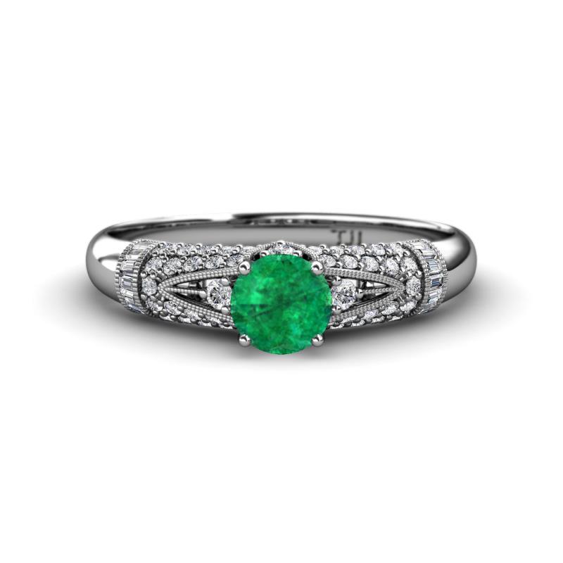 Shirlyn Classic Round Emerald with Round and Baguette Diamond Engagement Ring 