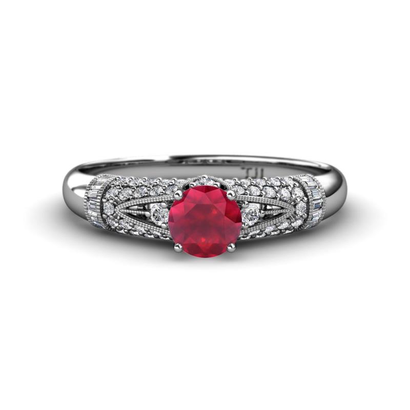 Shirlyn Classic Round Ruby with Round and Baguette Diamond Engagement Ring 