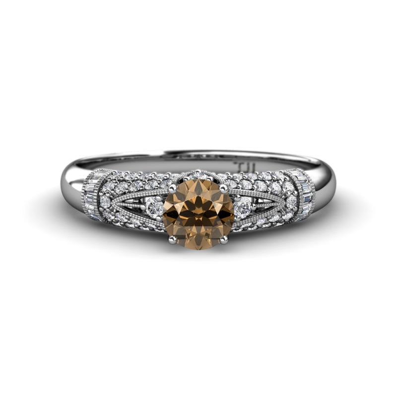 Shirlyn Classic Round Smoky Quartz with Round and Baguette Diamond Engagement Ring 