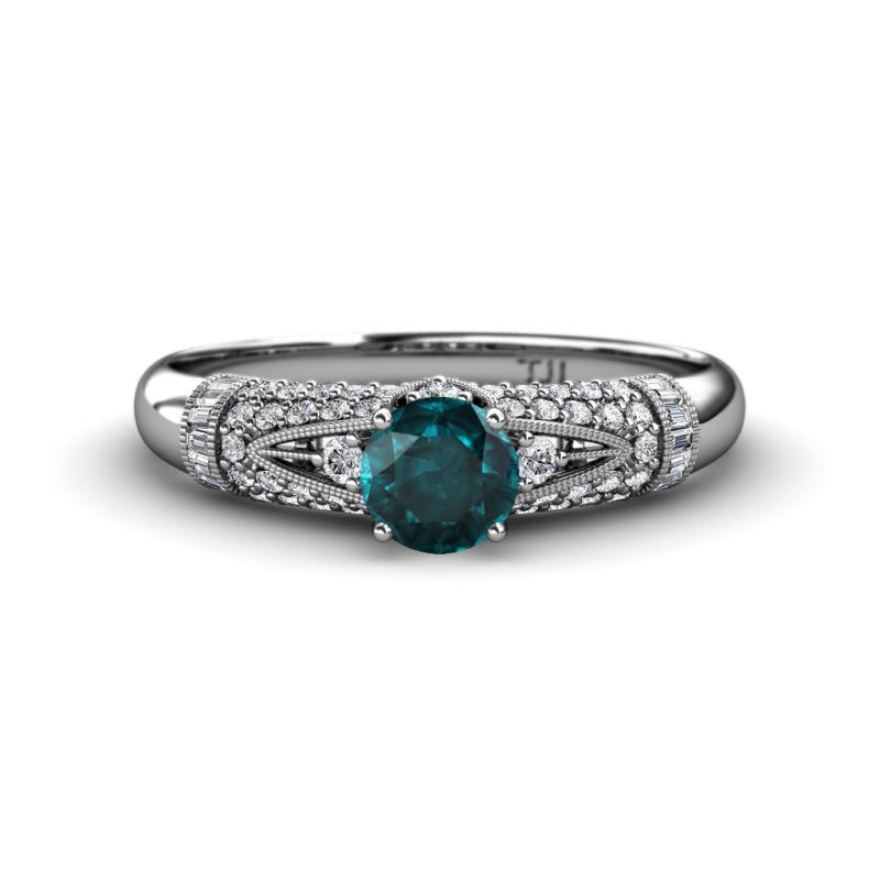 Shirlyn Classic Round London Blue Topaz with Round and Baguette Diamond Engagement Ring 