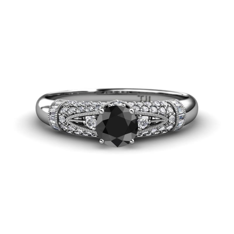 Shirlyn Classic Round Black Diamond and Baguette White Diamond Engagement Ring 