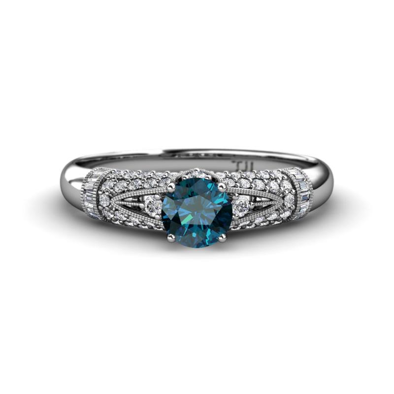 Shirlyn Classic Round Blue Diamond and Baguette White Diamond Engagement Ring 