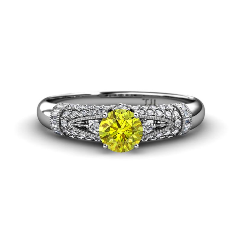 Shirlyn Classic Round Yellow Diamond and Baguette White Diamond Engagement Ring 