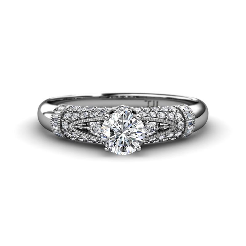 Shirlyn Classic Round Forever Brilliant Moissanite with Round and Baguette Diamond Engagement Ring 
