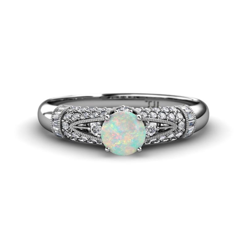 Shirlyn Classic Round Opal with Round and Baguette Diamond Engagement Ring 