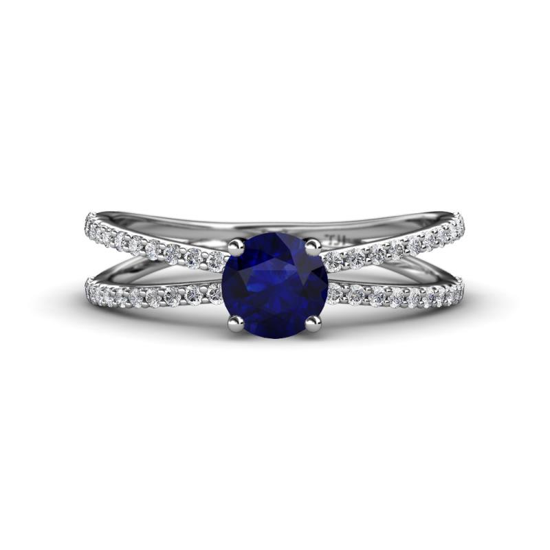 Flavia Classic Round Blue Sapphire and Diamond Criss Cross Engagement Ring 