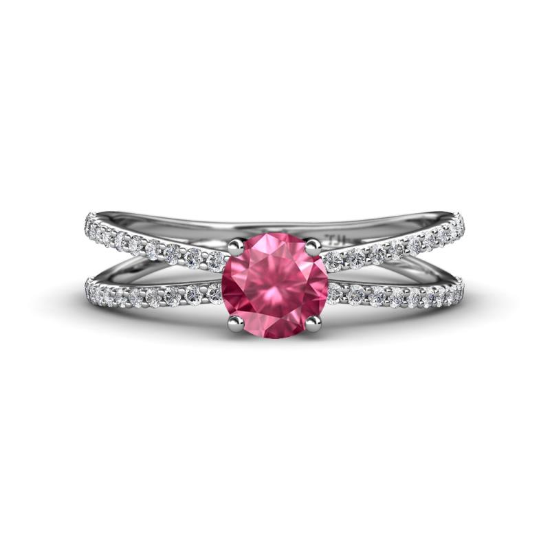 Flavia Classic Round Pink Tourmaline and Diamond Criss Cross Engagement Ring 