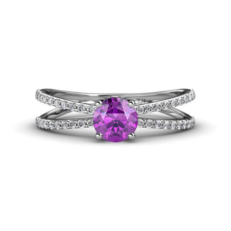 Flavia Classic Round Amethyst and Diamond Criss Cross Engagement Ring 