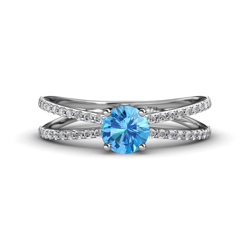 Flavia Classic Round Blue Topaz and Diamond Criss Cross Engagement Ring 