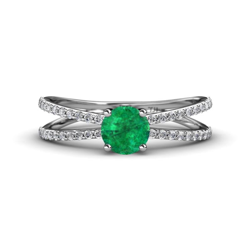 Flavia Classic Round Emerald and Diamond Criss Cross Engagement Ring 
