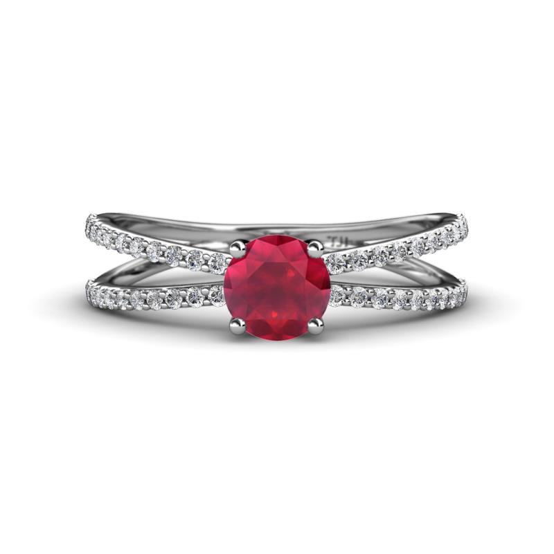 Flavia Classic Round Ruby and Diamond Criss Cross Engagement Ring 