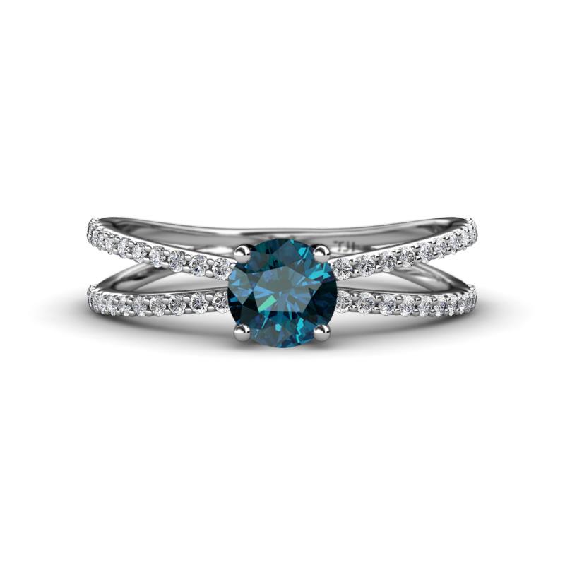 Flavia Classic Round Center Blue Diamond Accented with White Diamond Criss Cross Engagement Ring 