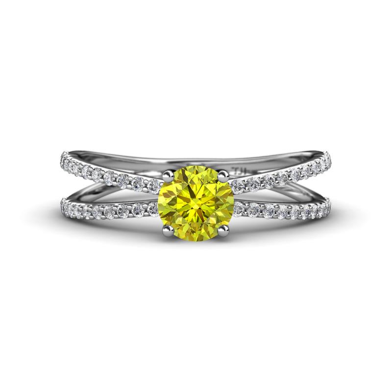 Flavia Classic Round Center Yellow Diamond Accented with White Diamond Criss Cross Engagement Ring 