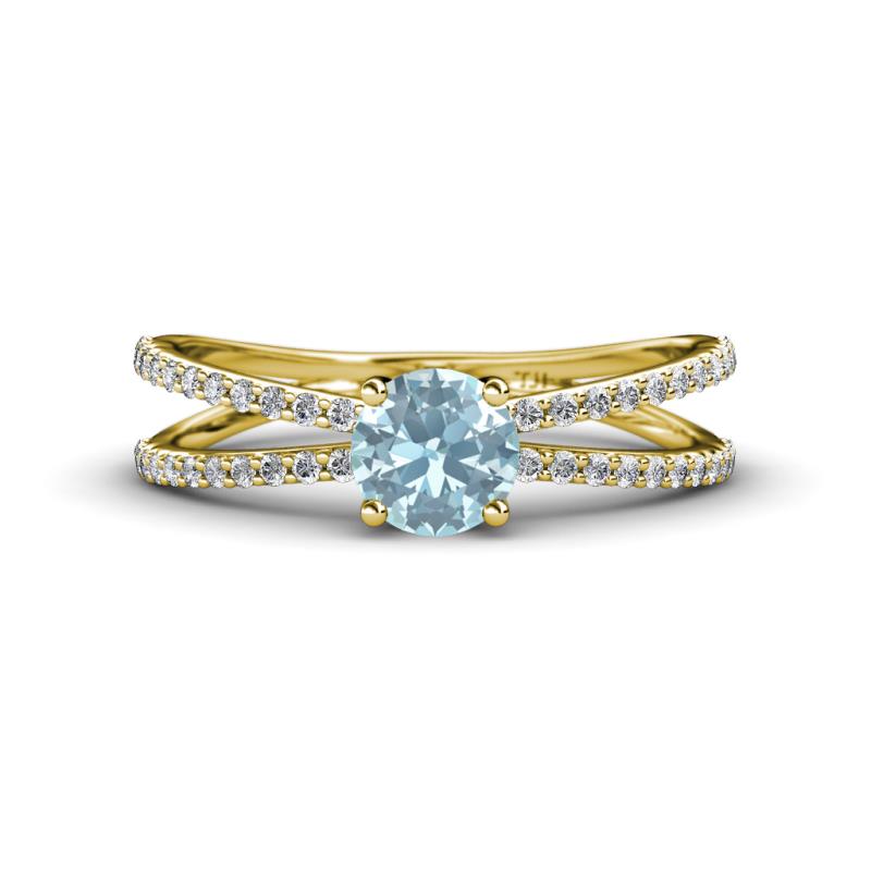 Flavia Classic Round Aquamarine and Diamond Criss Cross Engagement Ring 