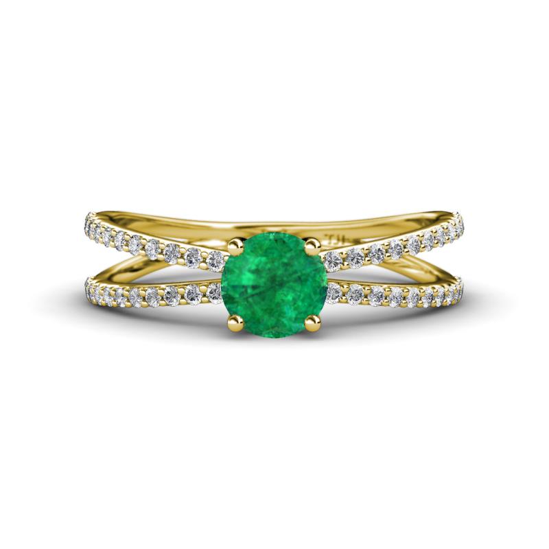 Flavia Classic Round Emerald and Diamond Criss Cross Engagement Ring 