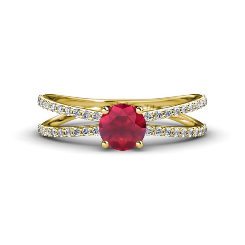 Flavia Classic Round Ruby and Diamond Criss Cross Engagement Ring 