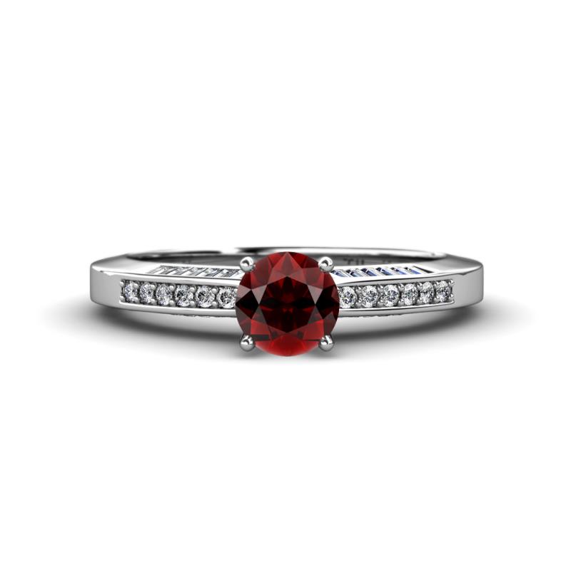 Lumina Classic Round Red Garnet with Round and Baguette Diamond Engagement Ring 