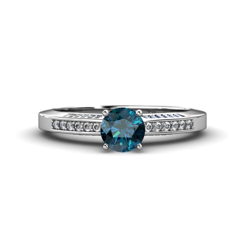 Lumina Classic Round Blue Diamond with Round and Baguette White Diamond Engagement Ring 