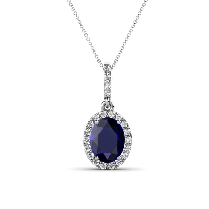 Esha 8x6 mm Oval Cut Blue Sapphire and Round Diamond Halo Pendant Necklace 