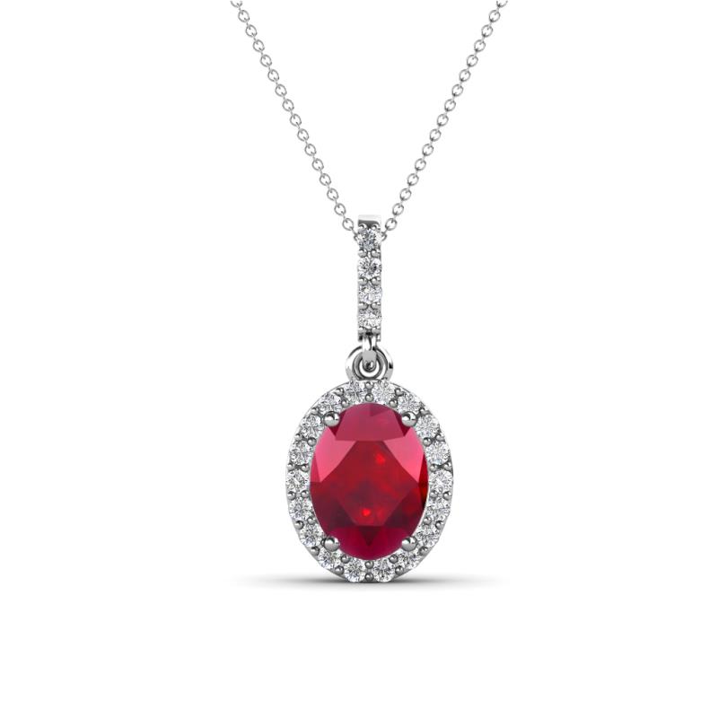 Esha 8x6 mm Oval Cut Ruby and Round Diamond Halo Pendant Necklace 