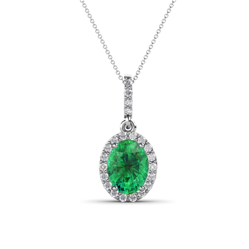 Esha 8x6 mm Oval Cut Emerald and Round Diamond Halo Pendant Necklace 