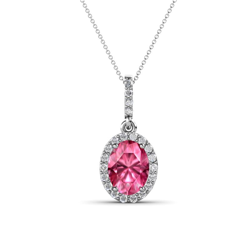Esha 8x6 mm Oval Cut Pink Tourmaline and Round Diamond Halo Pendant Necklace 